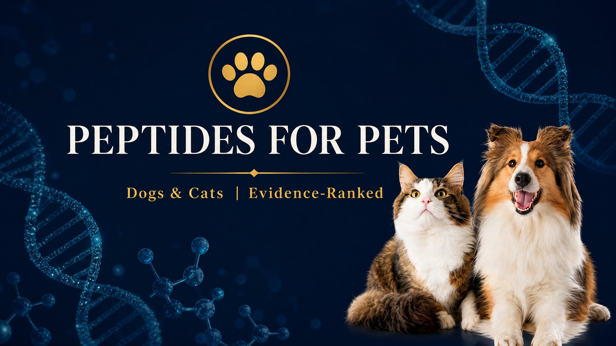 Peptexa Peptides for Pets guide cover, evidence-ranked veterinary peptide reference for dogs and cats